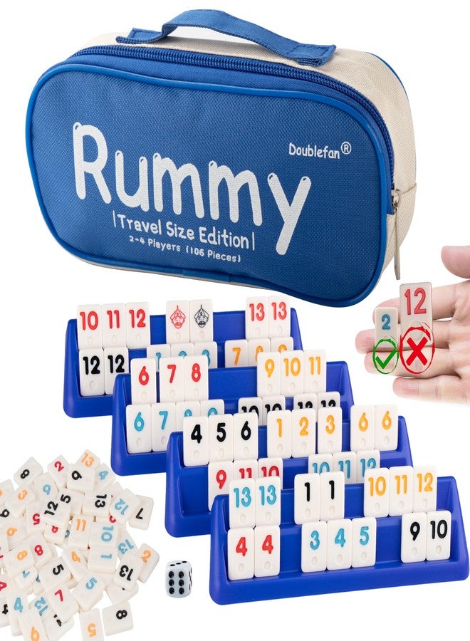 Doublefan Mini Rummy Cube Set, Mini Size Rummy Game with Portable Bag, Small Travel Game for Adult and Kids,106 Tiles, 4 Playing Rack, 1 Dice (2-4 Players) - Image 1